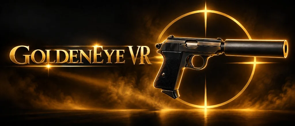 GoldenEye VR key art: gold wordmark beside a suppressed pistol on a golden sight