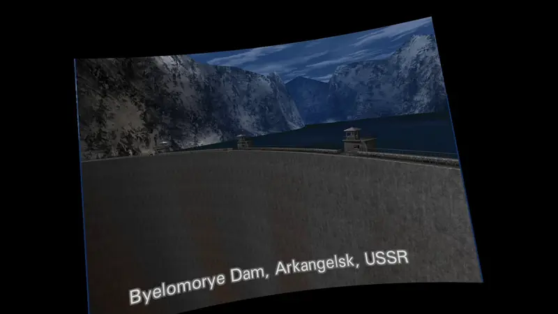The Dam's opening shot on a curved virtual screen floating in the dark