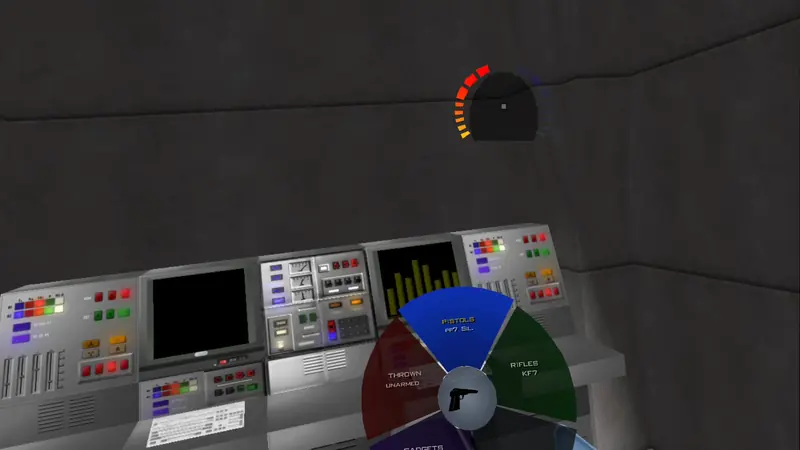 The weapon wheel in Facility with health and armor on the HUD